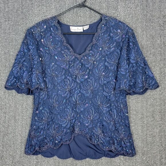Laurence Kazar Tops - Laurence Kazar Blouse Womens M Blue Short Sleeve Sequin Beaded Shimmer Top